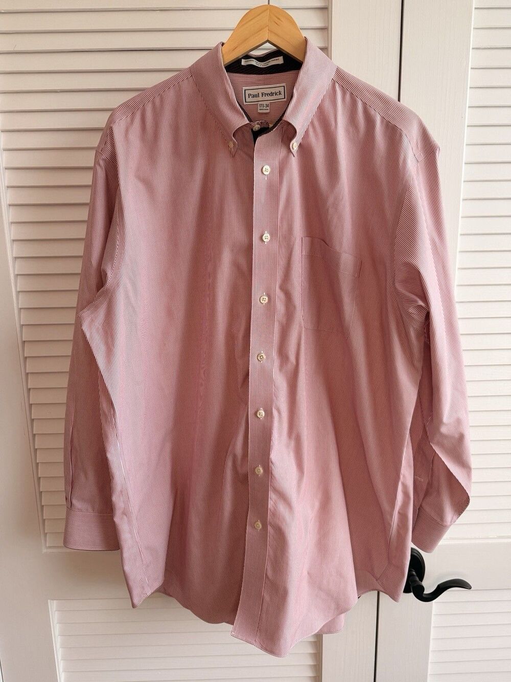 Paul Frederick Non Iron Pinpoint Dress Shirt Mens 17.5 34 Red Stripe 100% Cotton